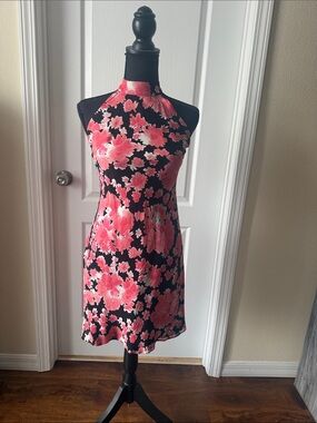 Evan Picone Black One-Shoulder Dress with Pink Floral Print